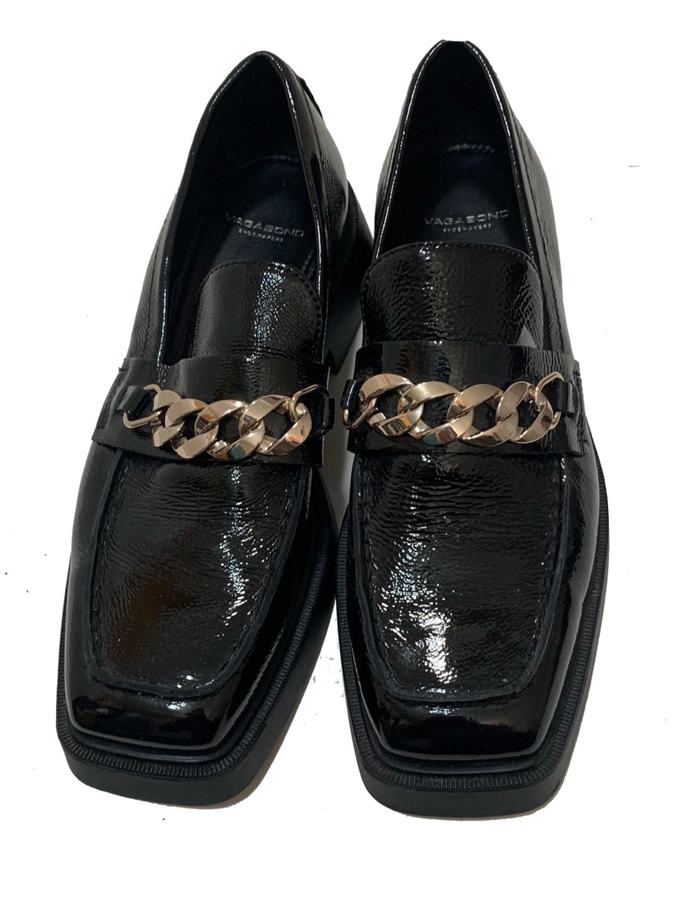 Vagabond Women’s Black Patent Loafers with Gold Chain Detail